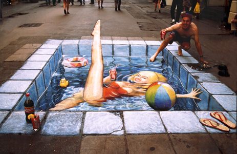 pool chalk drawing optical illusion